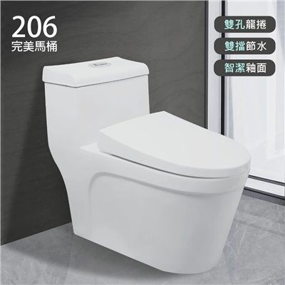 206完美馬桶 低水箱款式 一體成型 噴射虹吸式雙龍捲 智潔釉 抗菌-特管35公分